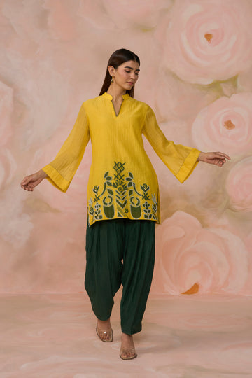 Yellow Green Chanderi Patchwork Co-ord Set