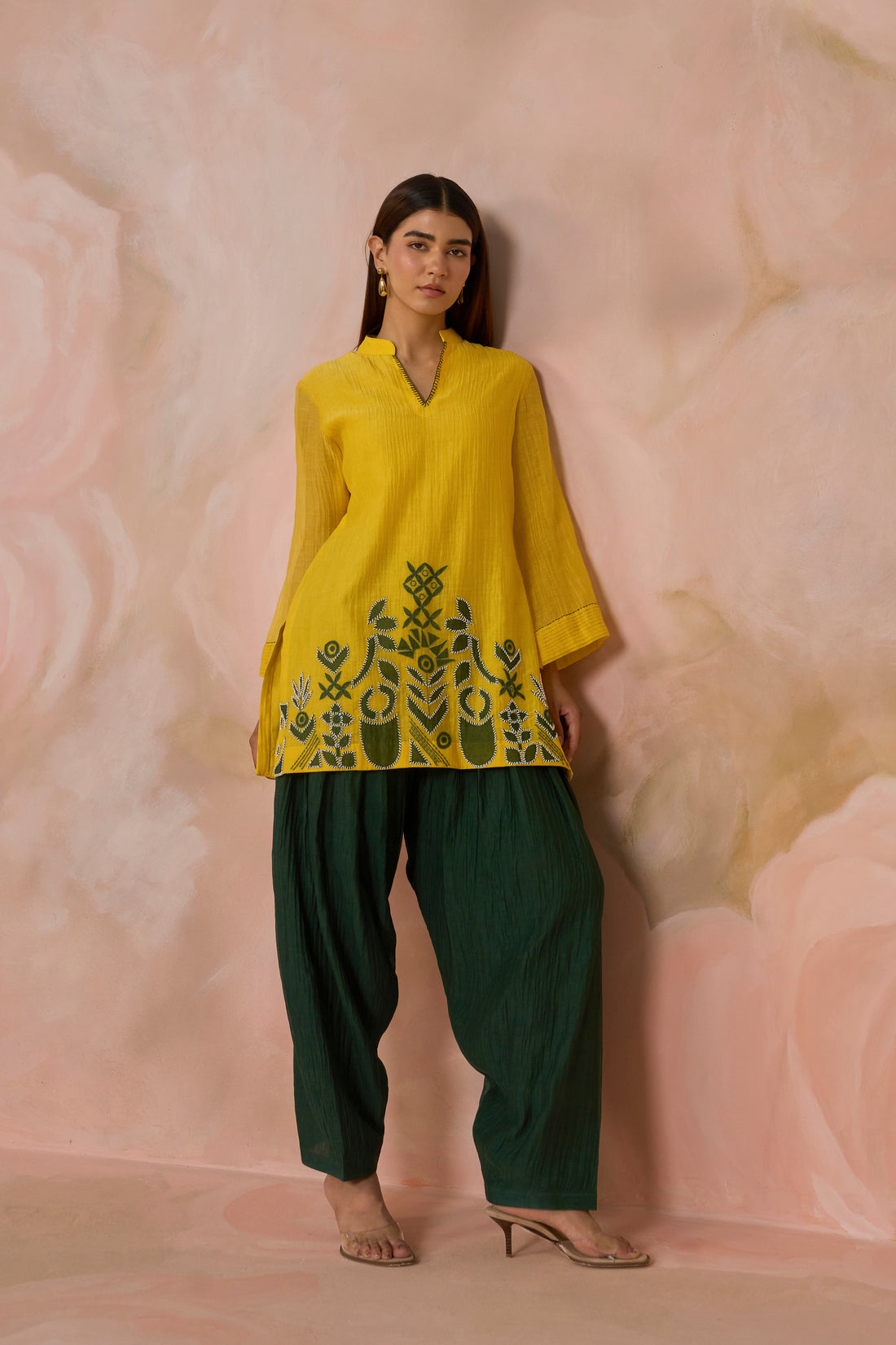 Yellow Green Chanderi Patchwork Co-ord Set