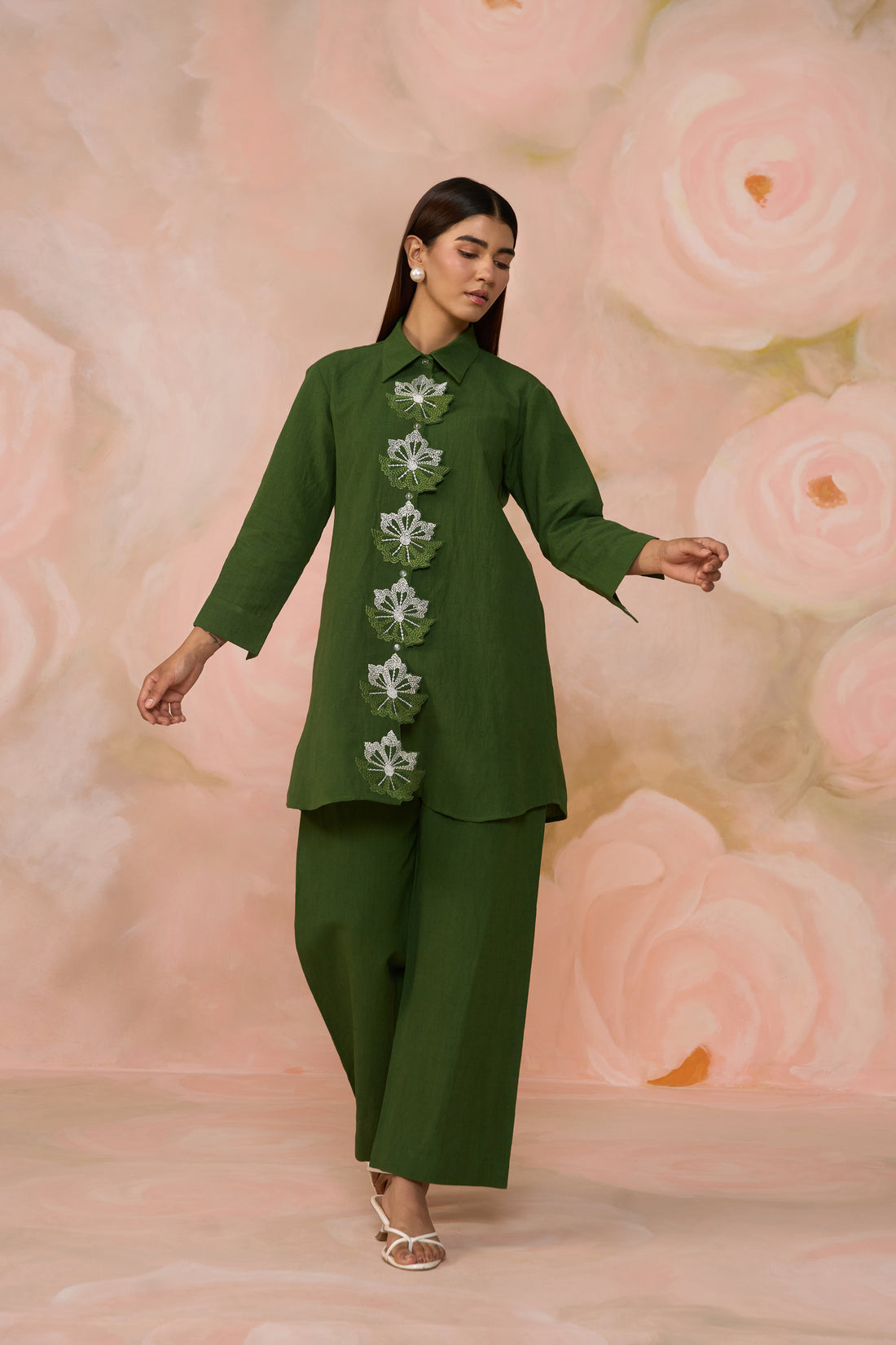 Green Linen Embroidered Co-ord Set