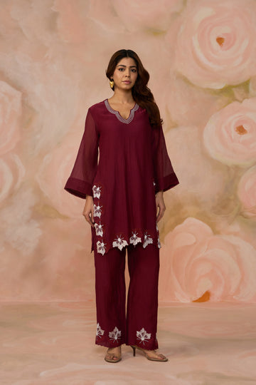 Wine Chanderi Embroidered Co-ord Set