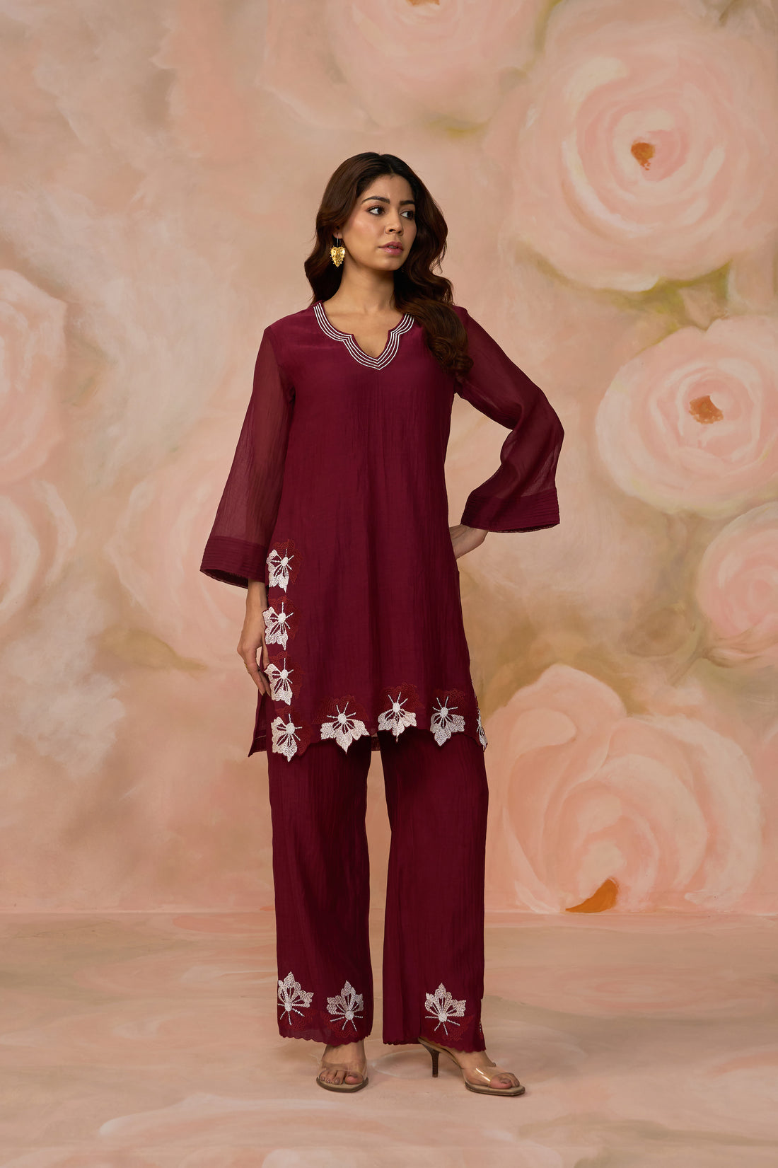 Wine Chanderi Embroidered Co-ord Set