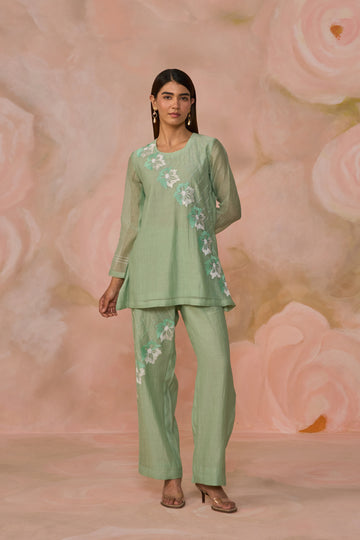 Green Chanderi Floral Embroidered Co-ord Set