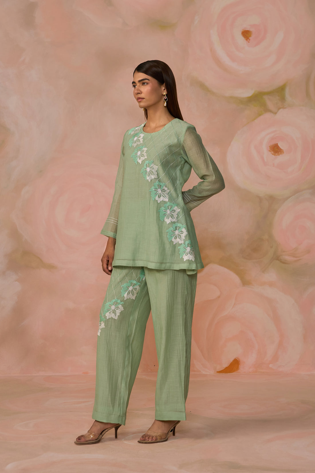 Green Chanderi Floral Embroidered Co-ord Set