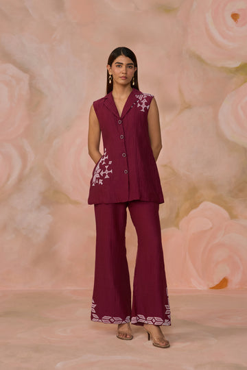 Wine Chanderi Patchwork Blazer