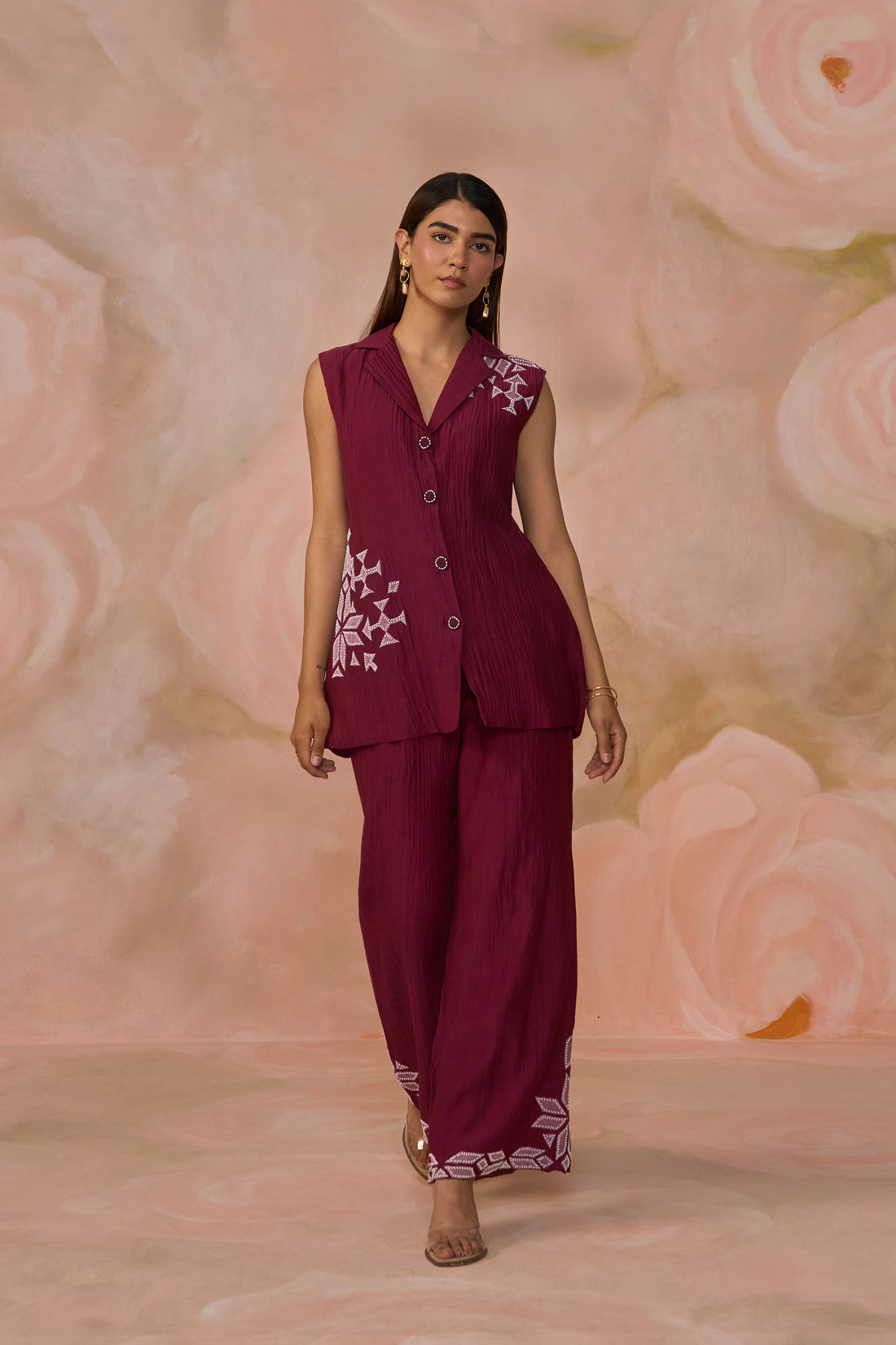 Wine Chanderi Patchwork Blazer