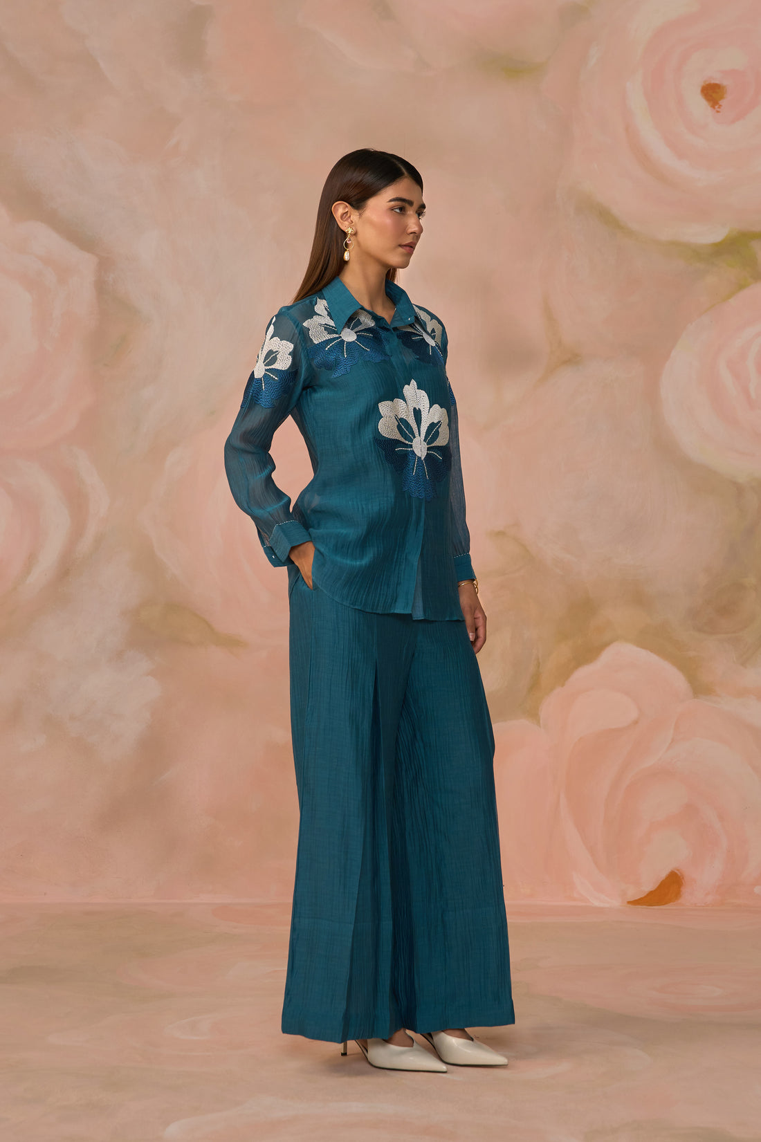 Blue Chanderi Shirt Style Co-ord Set