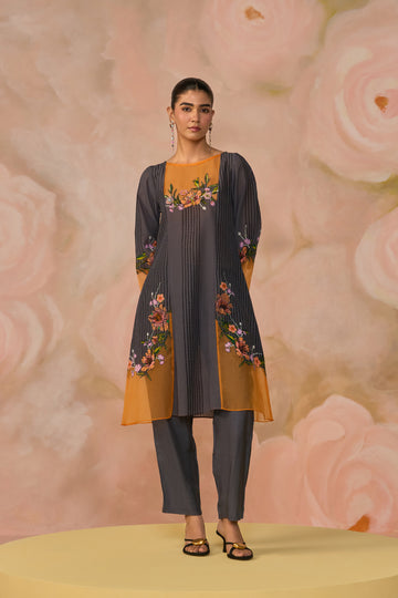 Grey Cotton Textured Embroidered Kurta