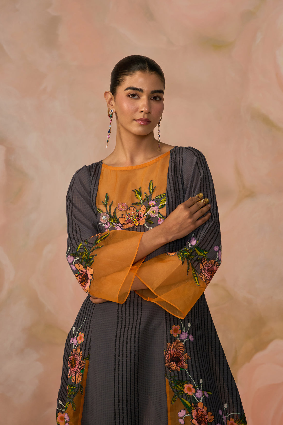 Grey Cotton Textured Embroidered Kurta