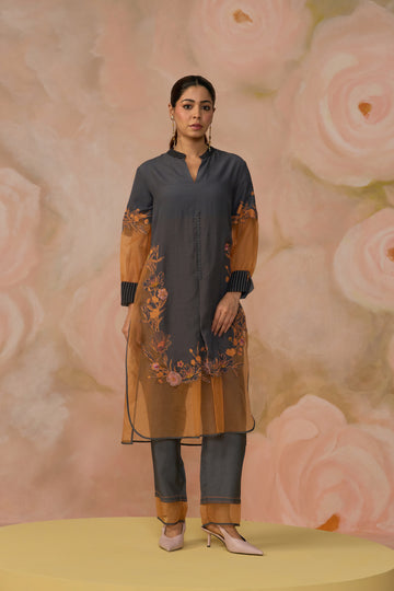 Grey Cotton Embroidered Kurta Set