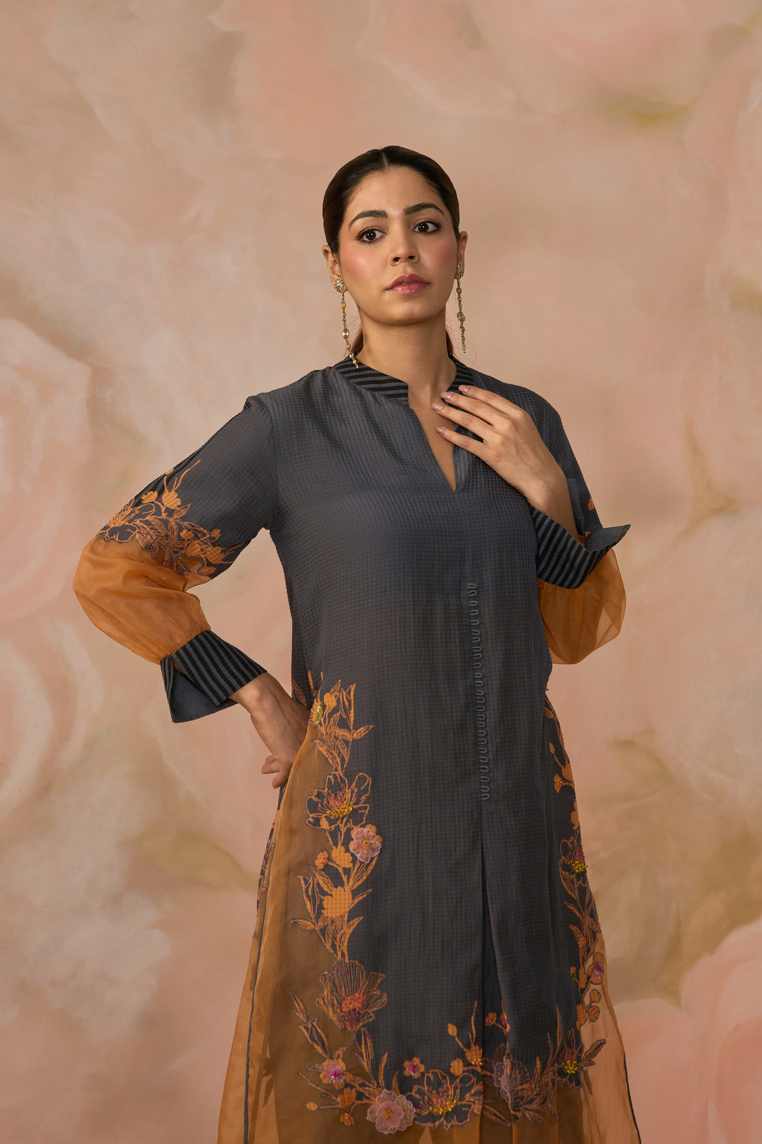 Grey Cotton Embroidered Kurta Set
