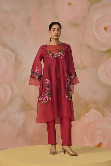 Pink Cotton Textured Embroidered Kurta