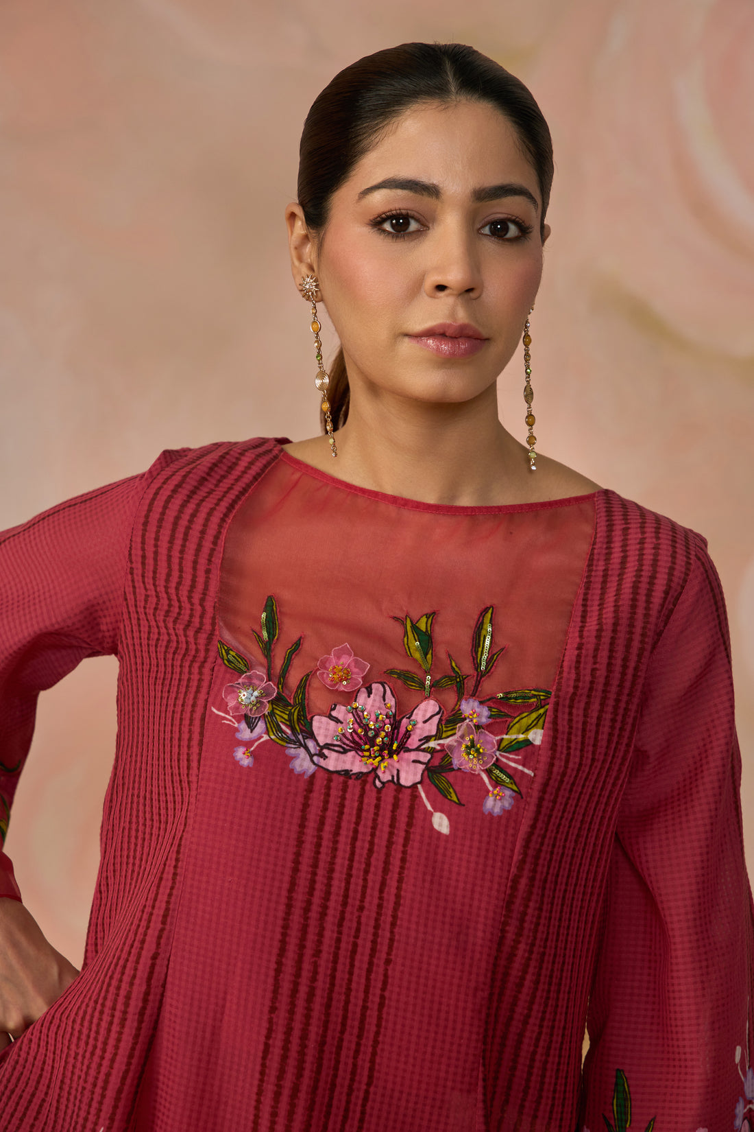 Pink Cotton Textured Embroidered Kurta