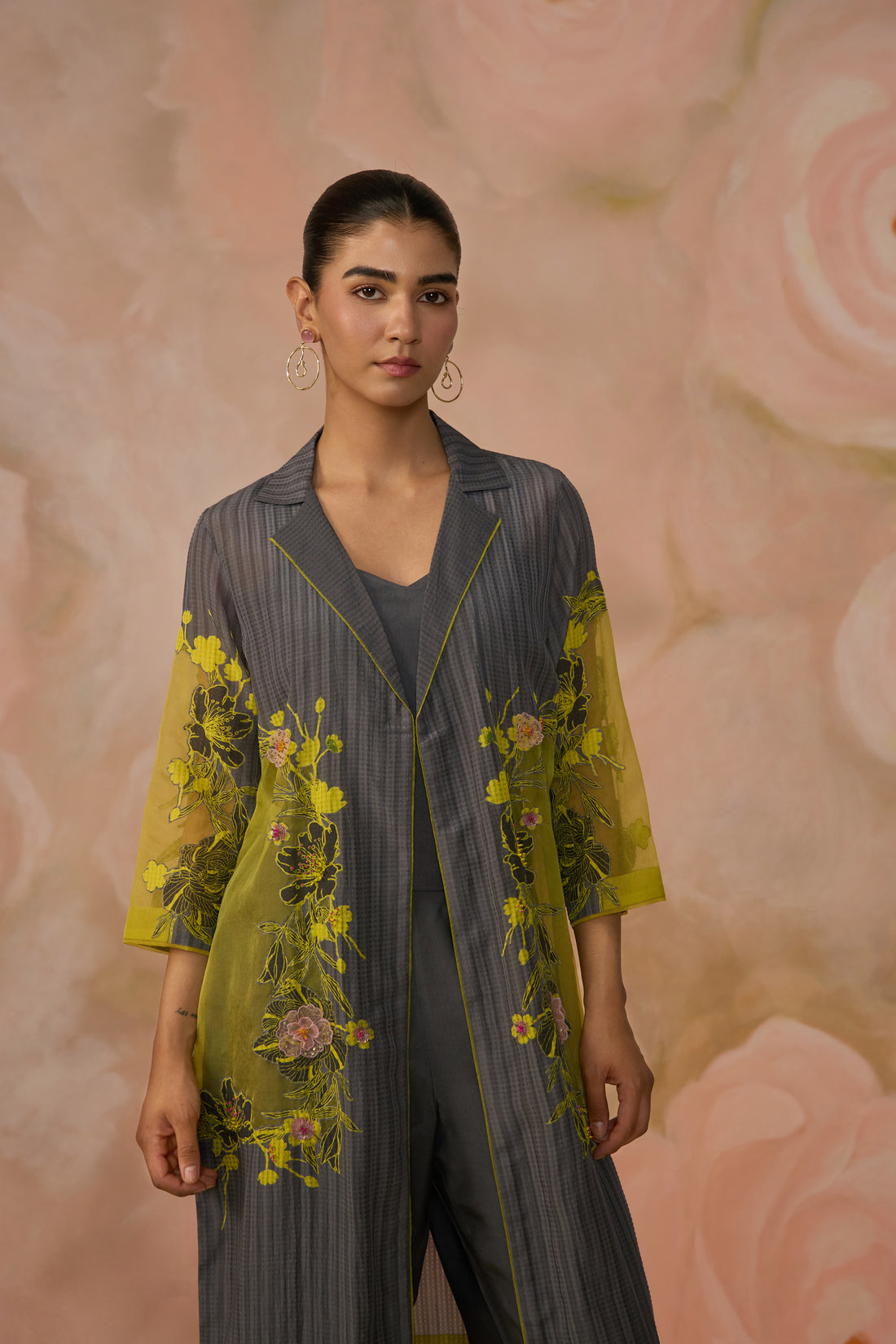 Grey Cotton Silk Embroidered Co-ord Set