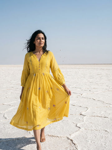 Yellow Handcrafted Embellishment Dress with Pintuck Yoke and Anchor Detailing