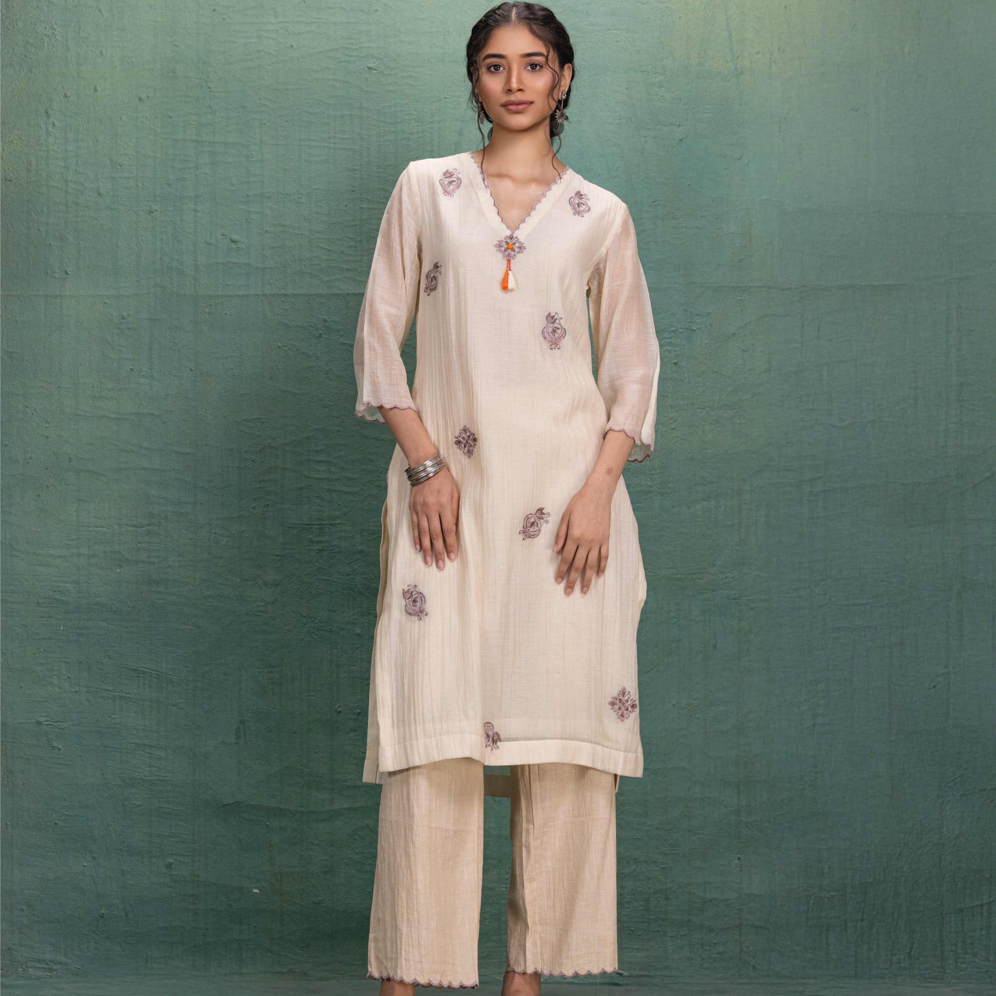 Beige Embroidery Cord Set with Organza Back and Hand Scalloping