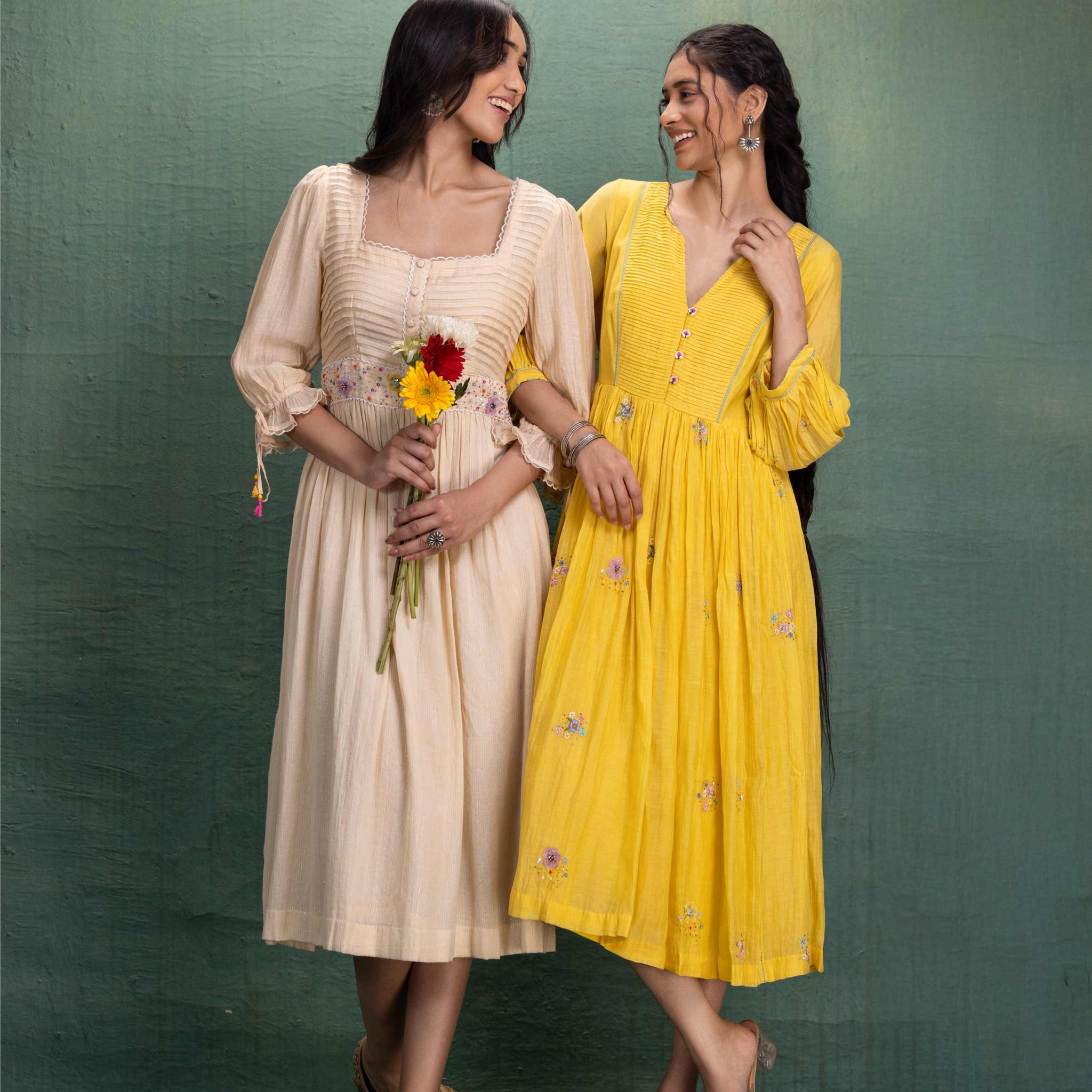 Yellow Handcrafted Embellishment Dress with Pintuck Yoke and Anchor Detailing