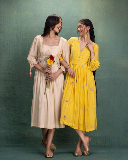 Yellow Hand Embroidery Dress with Pintuck Yoke and Anchor Detailing
