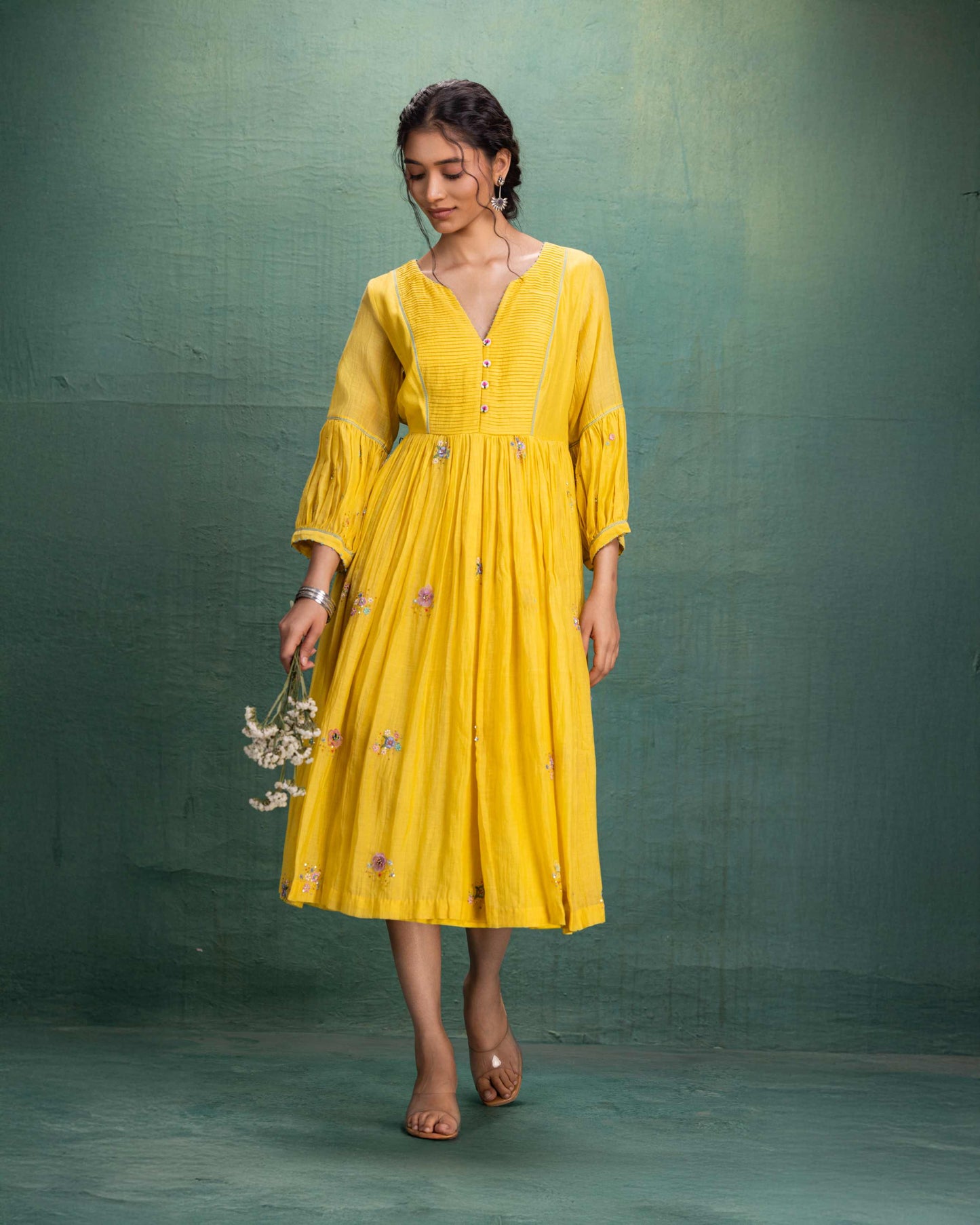 Yellow Hand Embroidery Dress with Pintuck Yoke and Anchor Detailing