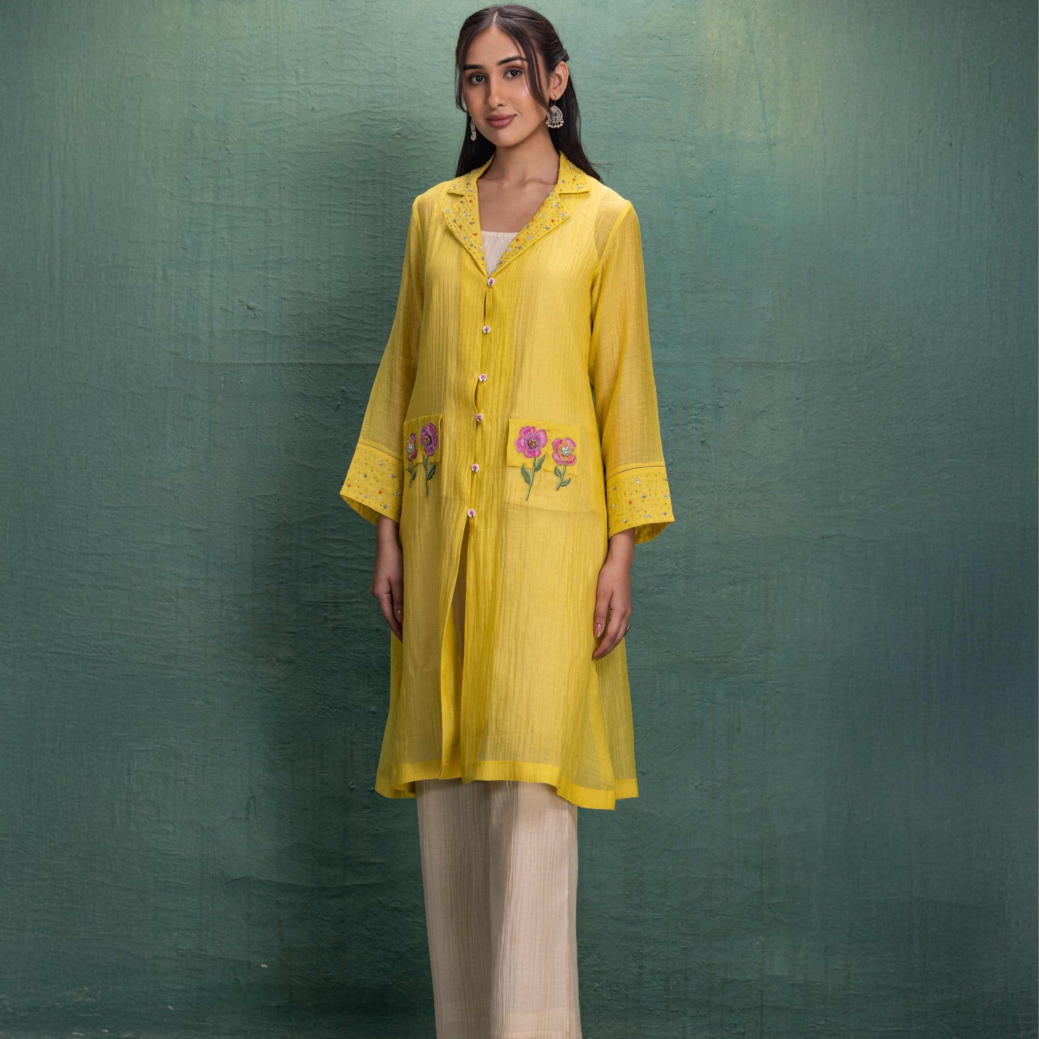 Yellow Shrug Set with Handcrafted Embellishment and Floral Motif Pockets