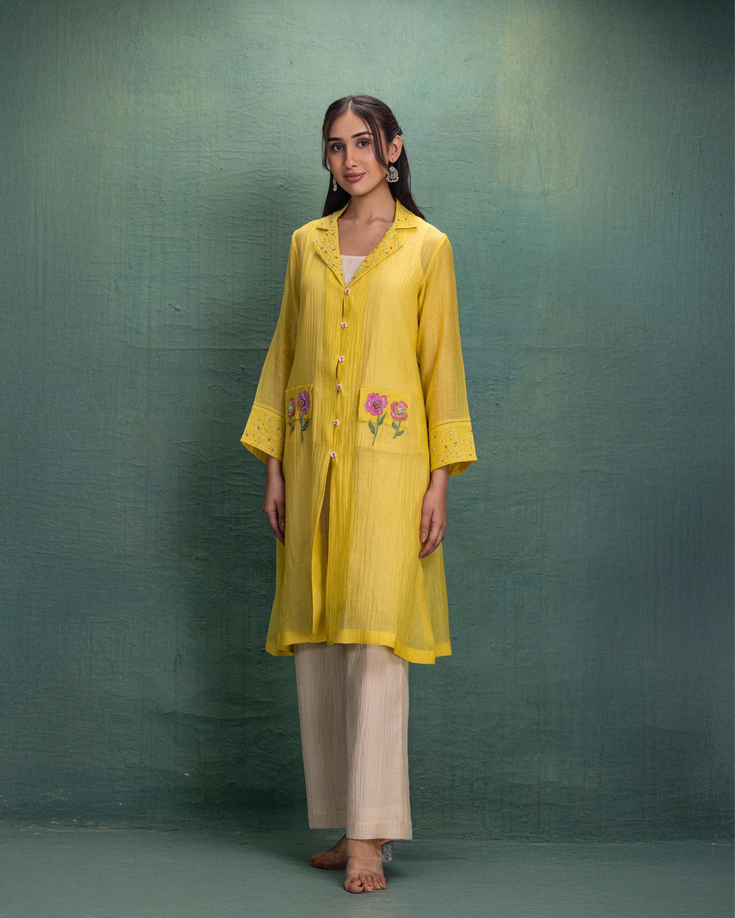 Yellow Shrug Set with Hand and Machine Embroidery and Floral Motif Pockets