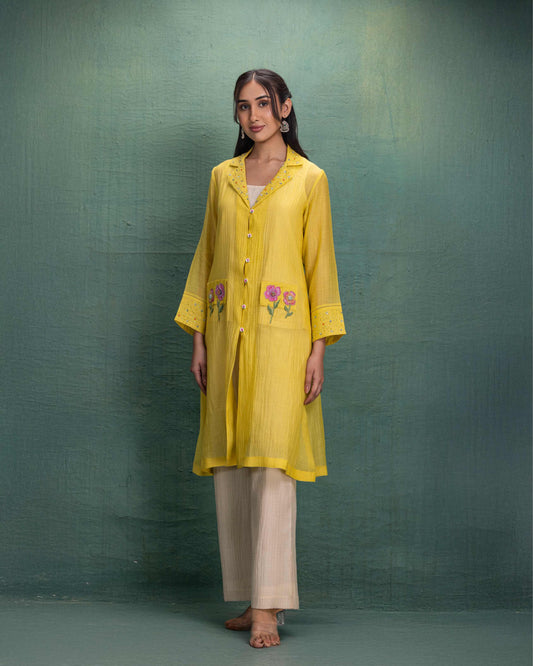Yellow Shrug Set with Hand and Machine Embroidery and Floral Motif Pockets