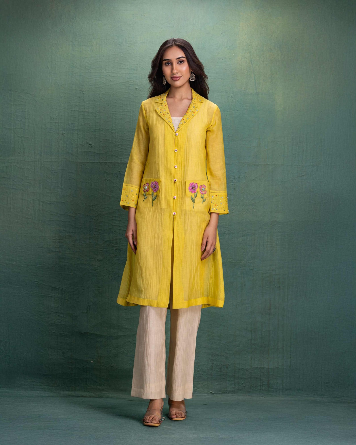 Yellow Shrug Set with Hand and Machine Embroidery and Floral Motif Pockets