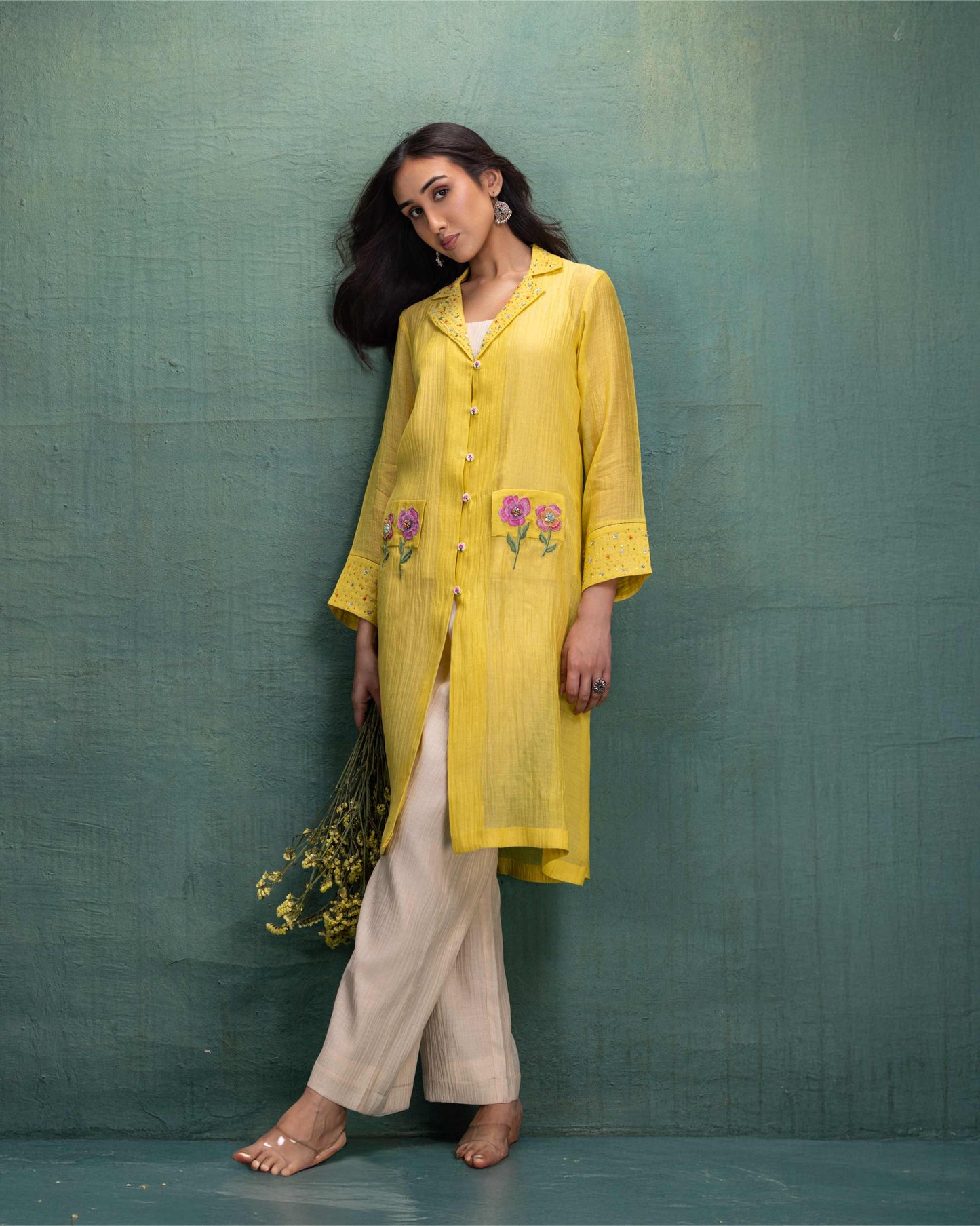 Yellow Shrug Set with Hand and Machine Embroidery and Floral Motif Pockets