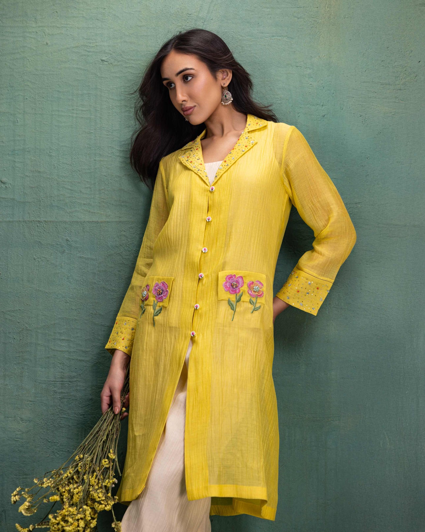 Yellow Shrug Set with Hand and Machine Embroidery and Floral Motif Pockets