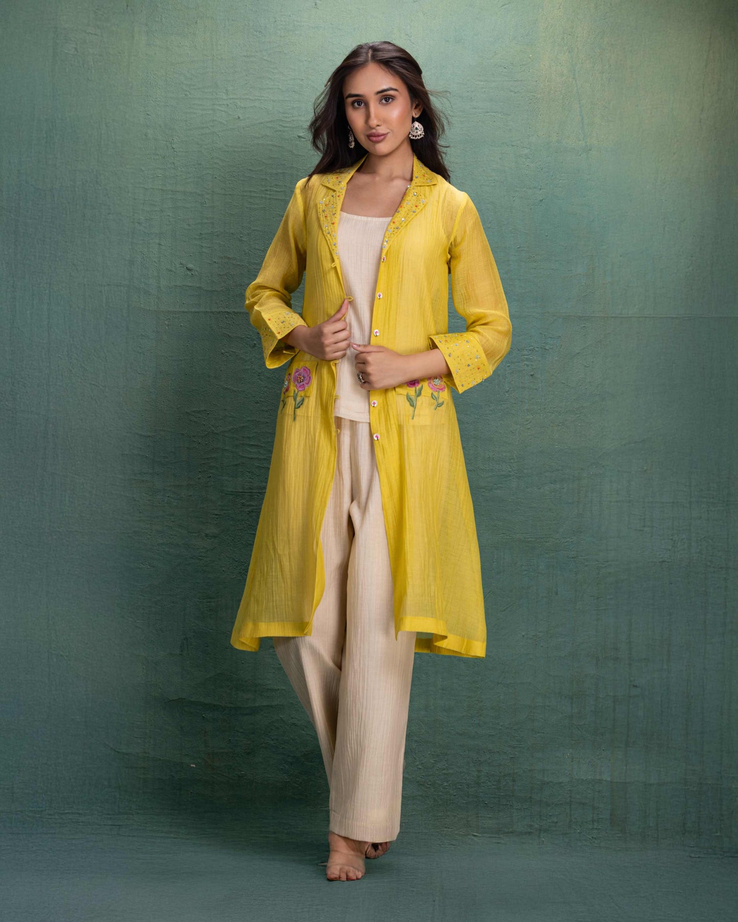 Yellow Shrug Set with Hand and Machine Embroidery and Floral Motif Pockets
