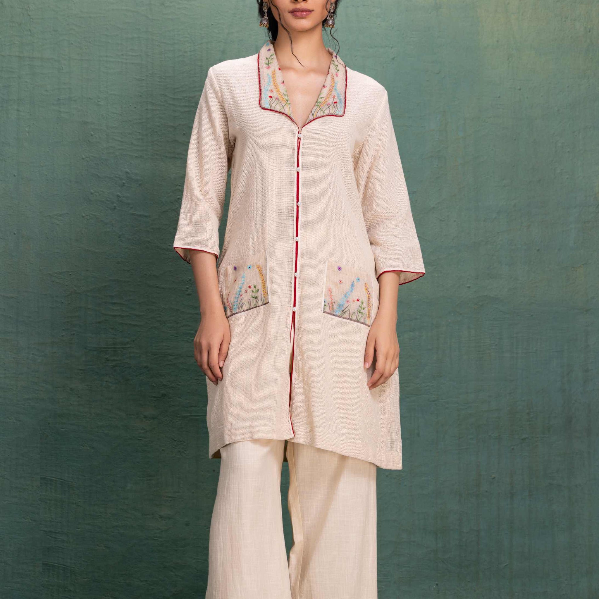 Beige Mesh Collar and Cuff Embroidery Cord Set with Jali Effect
