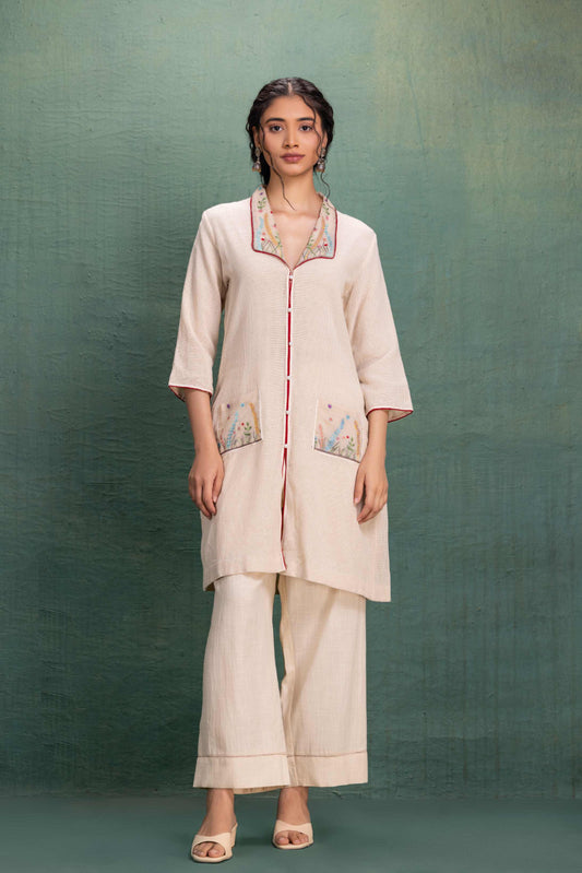Beige Mesh Collar and Cuff Machine Embroidery Cord Set with Jali Effect