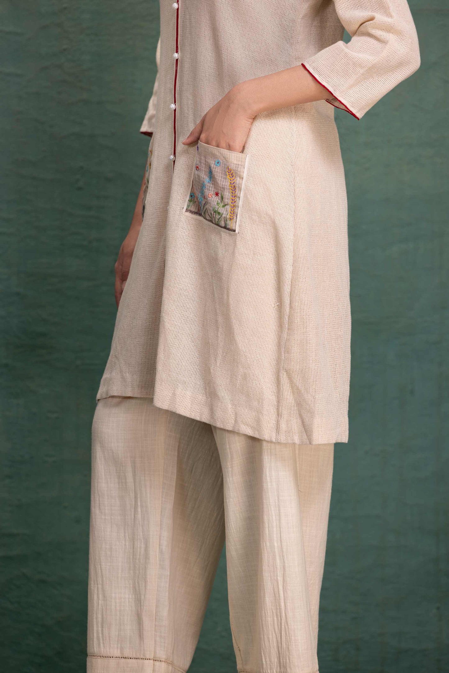 Beige Mesh Collar and Cuff Machine Embroidery Cord Set with Jali Effect