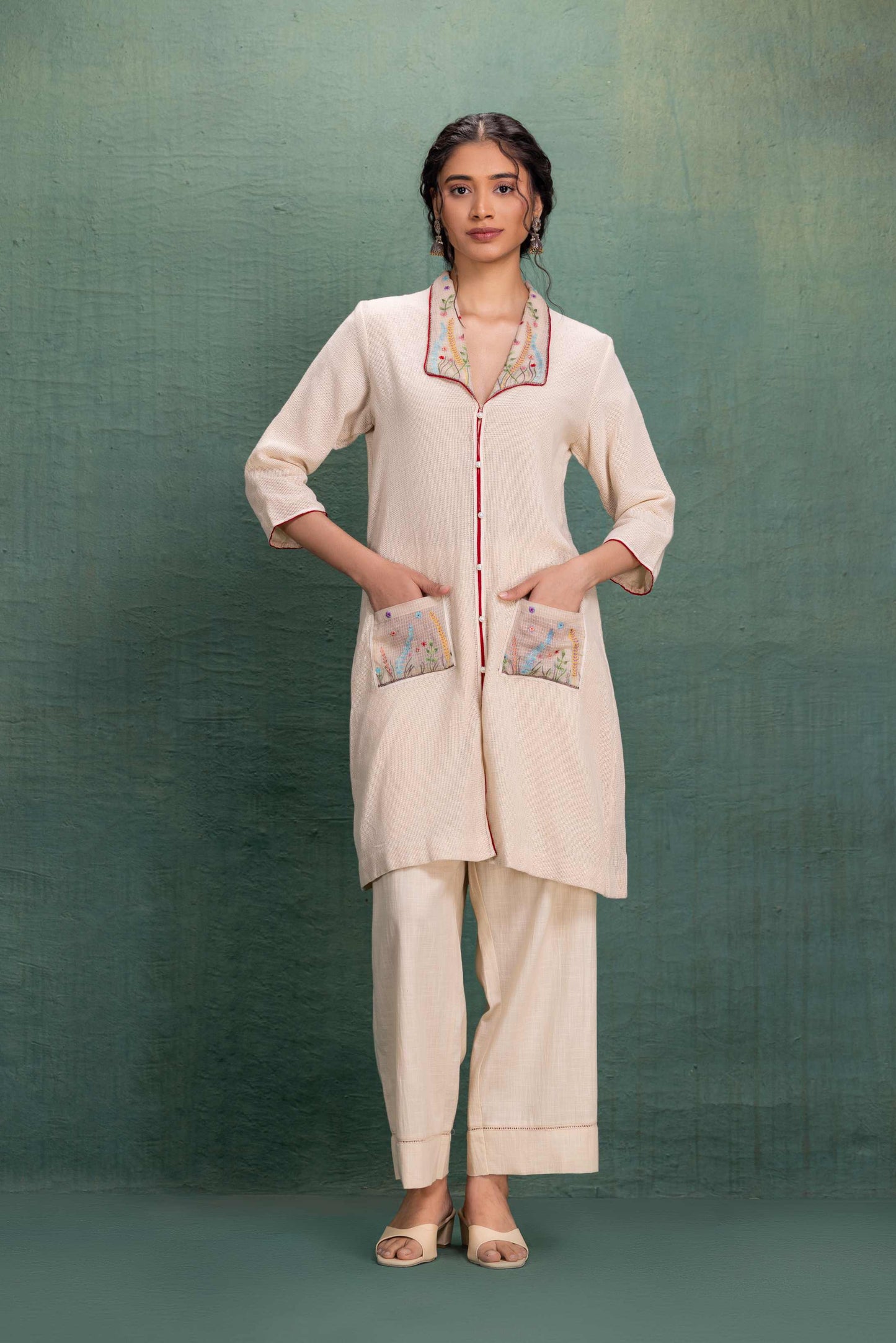 Beige Mesh Collar and Cuff Machine Embroidery Cord Set with Jali Effect