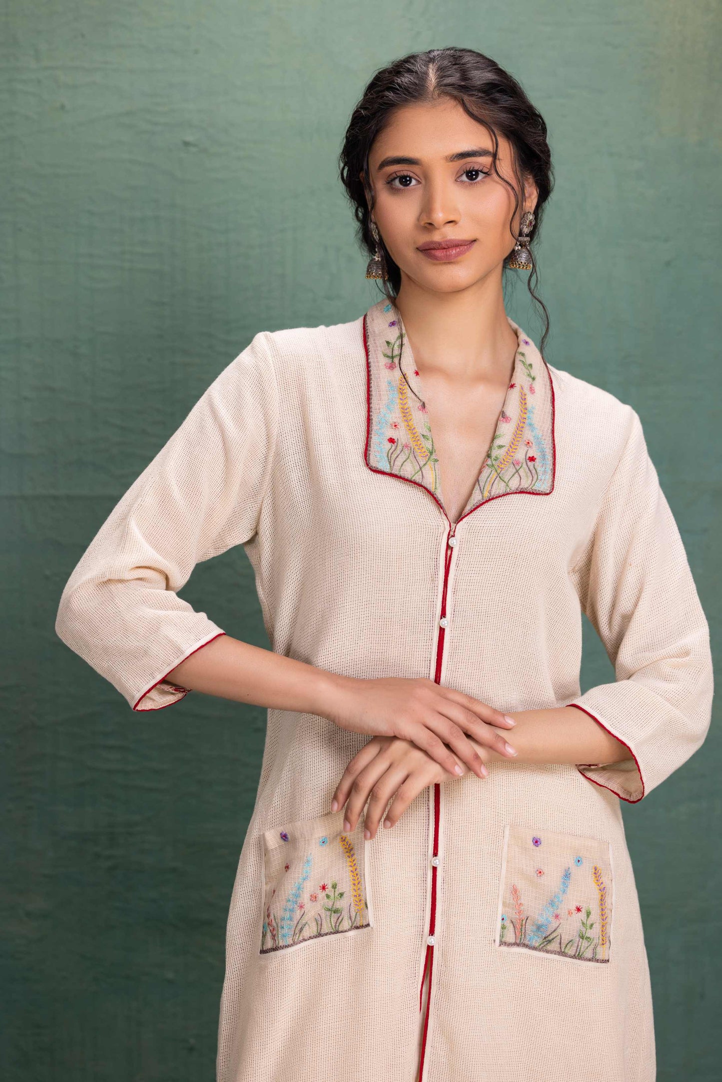 Beige Mesh Collar and Cuff Machine Embroidery Cord Set with Jali Effect