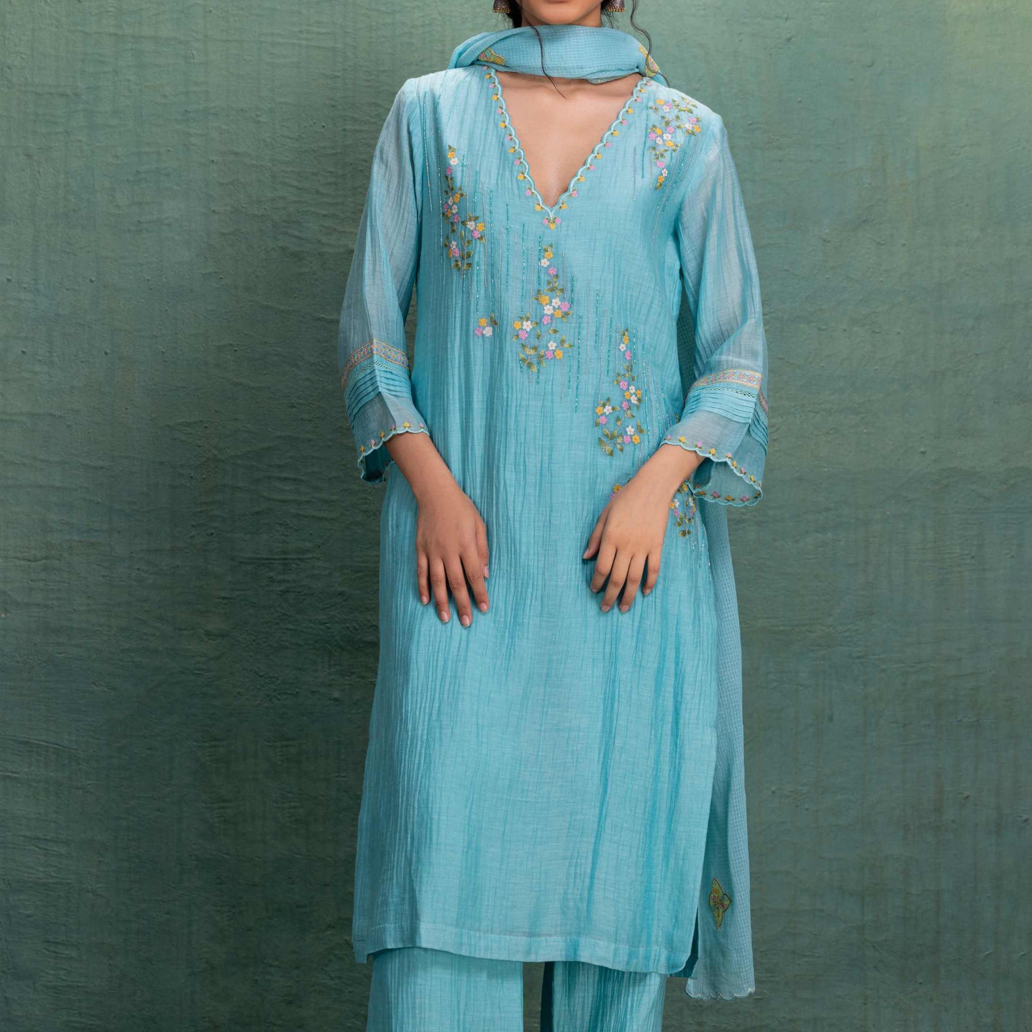 Blue and Handcrafted Embellishment Suit with Beautiful Dupatta and Pin tuck Detailing