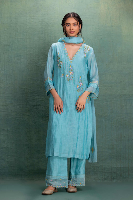 Blue Machine and Hand Embroidery Suit with Beautiful Dupatta and Pin tuck Detailing