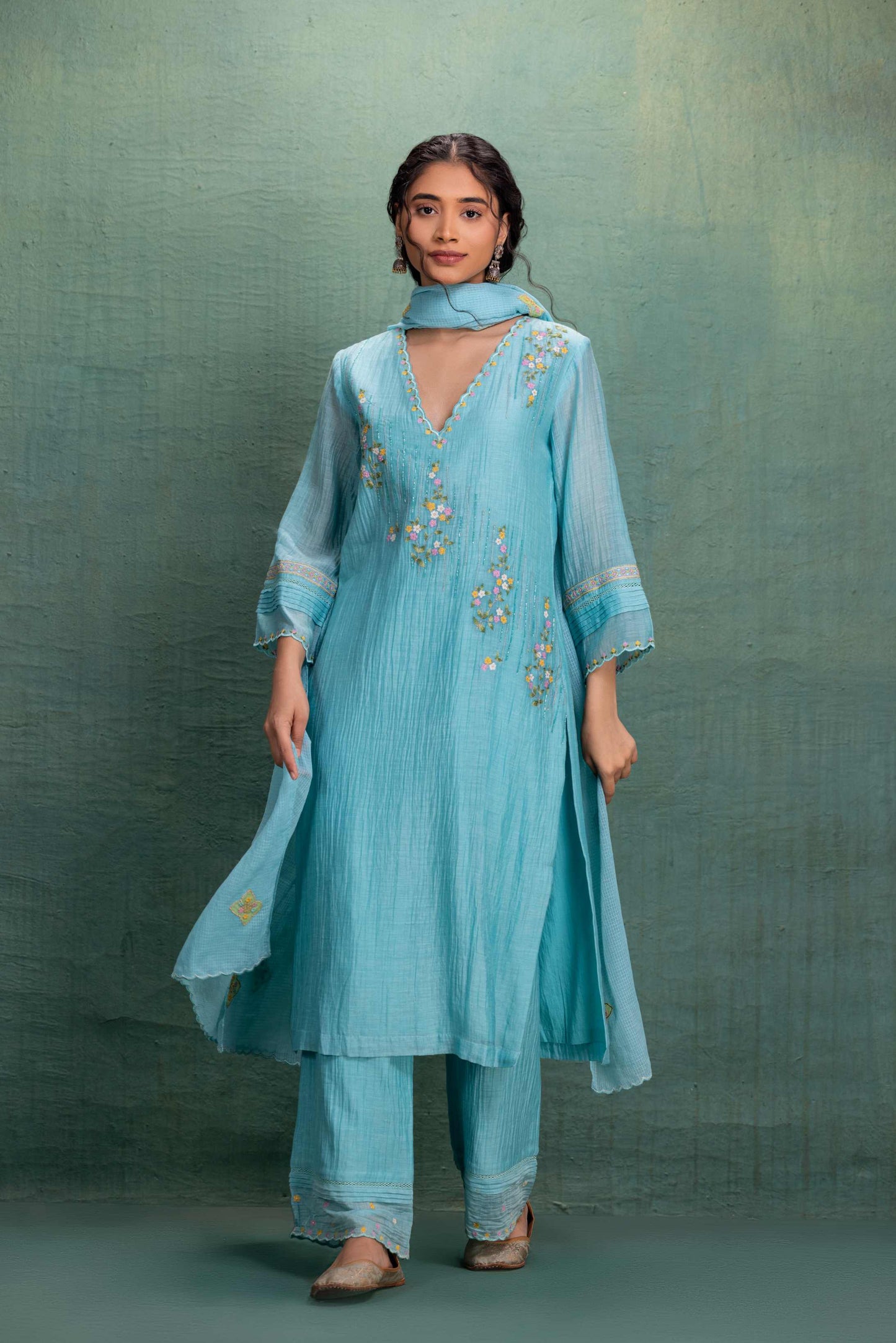 Blue Machine and Hand Embroidery Suit with Beautiful Dupatta and Pin tuck Detailing