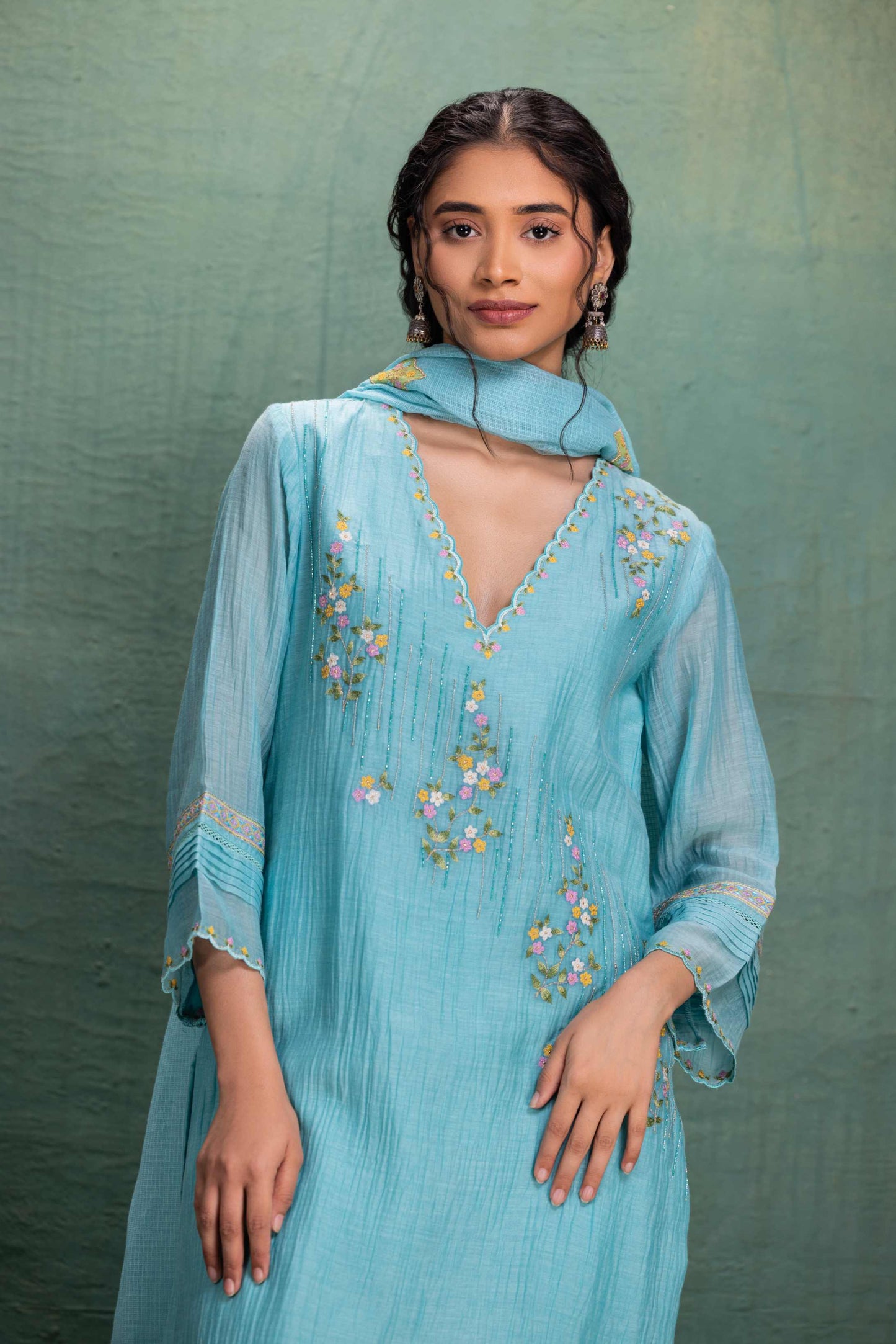 Blue Machine and Hand Embroidery Suit with Beautiful Dupatta and Pin tuck Detailing