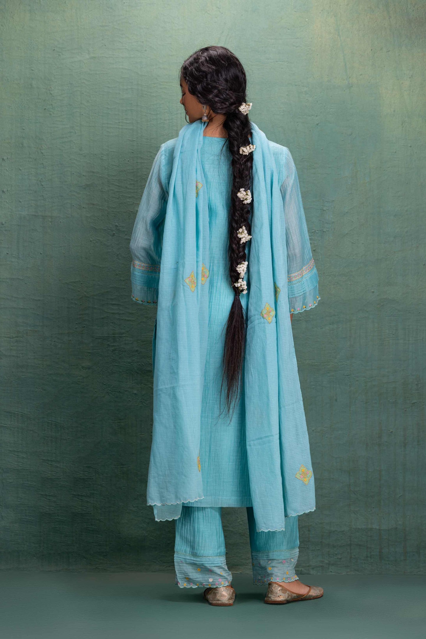 Blue Machine and Hand Embroidery Suit with Beautiful Dupatta and Pin tuck Detailing