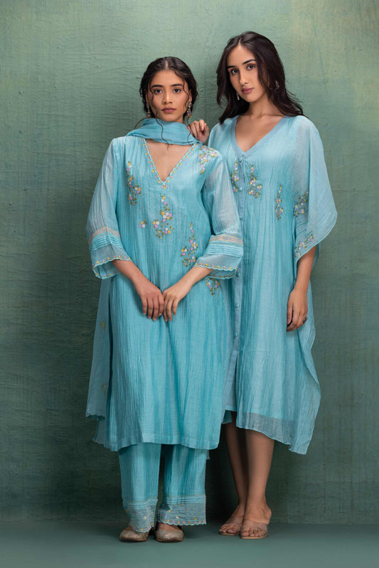 Blue Kaftan Dress with Machine and Hand Embroidery