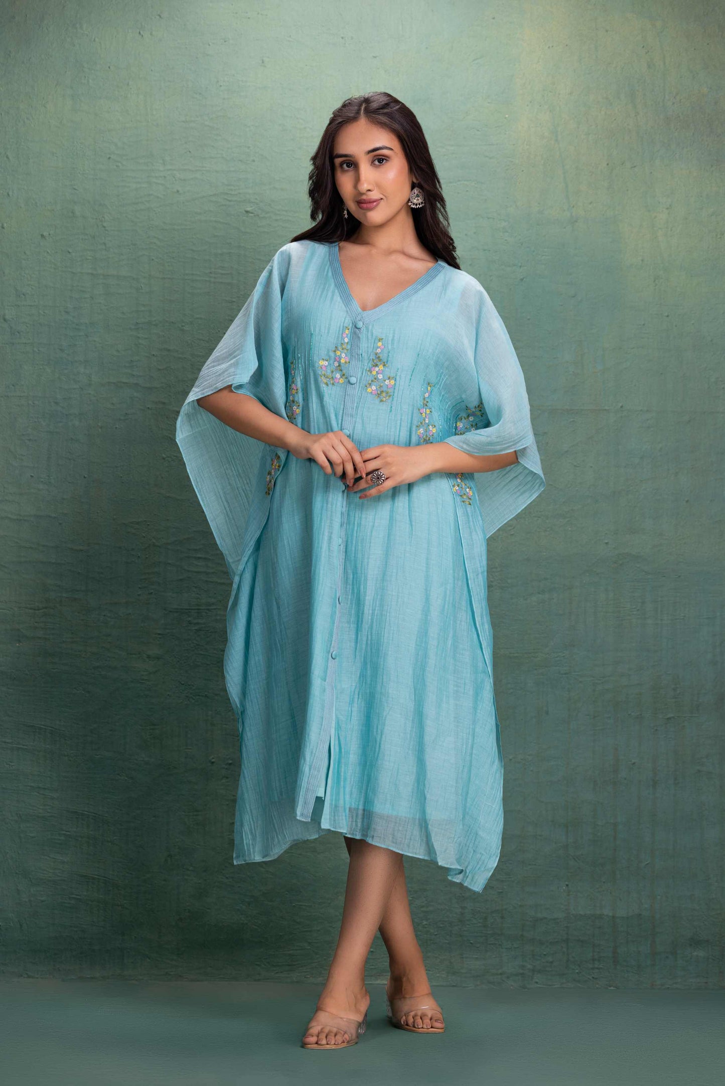 Blue Kaftan Dress with Machine and Hand Embroidery