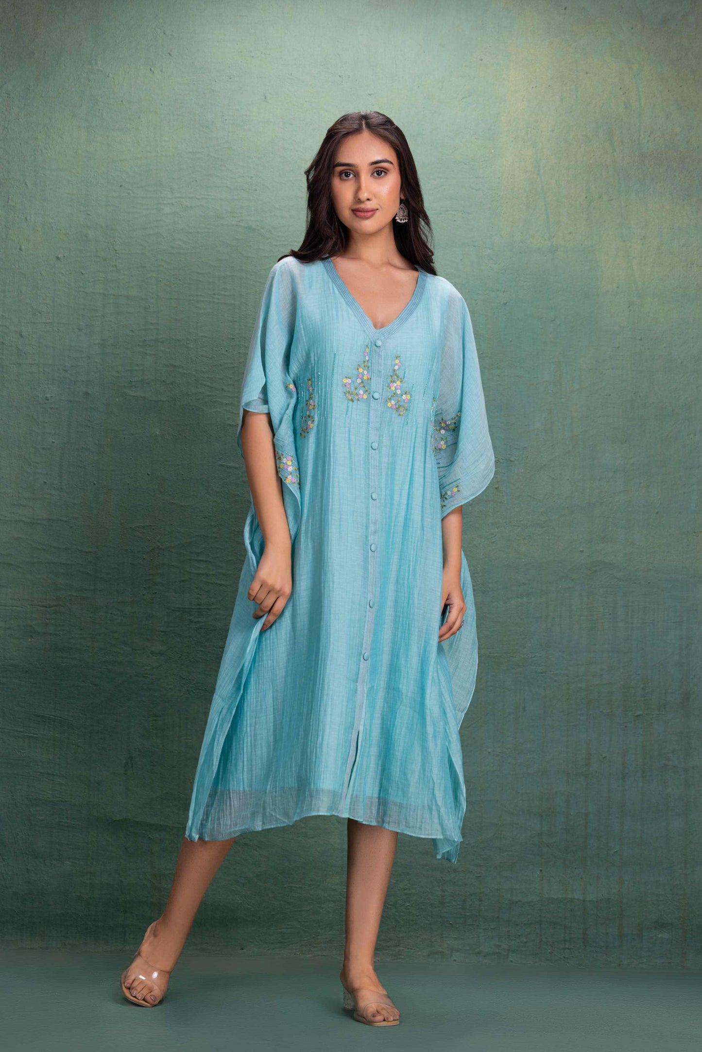 Blue Kaftan Dress with Machine and Hand Embroidery