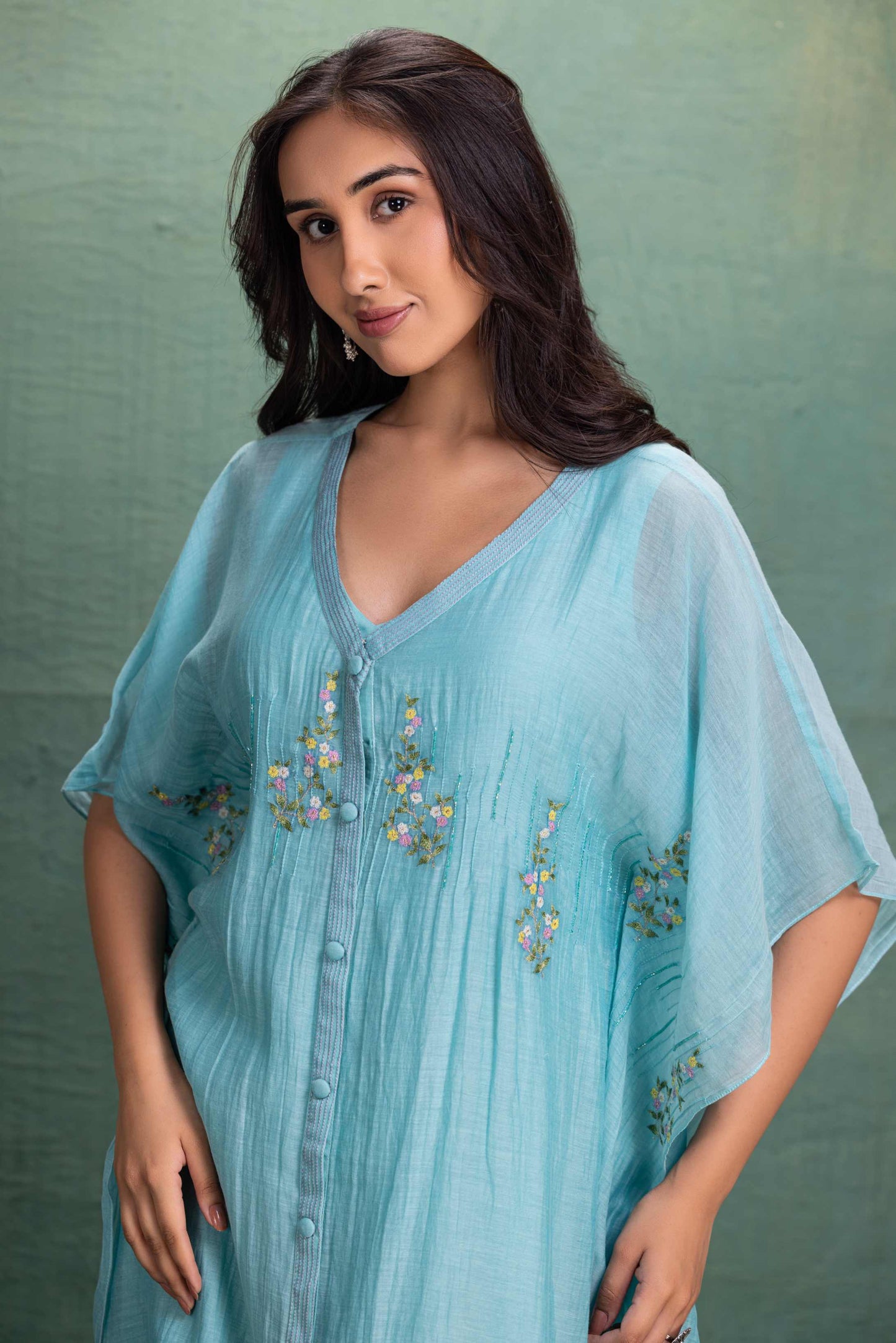 Blue Kaftan Dress with Machine and Hand Embroidery