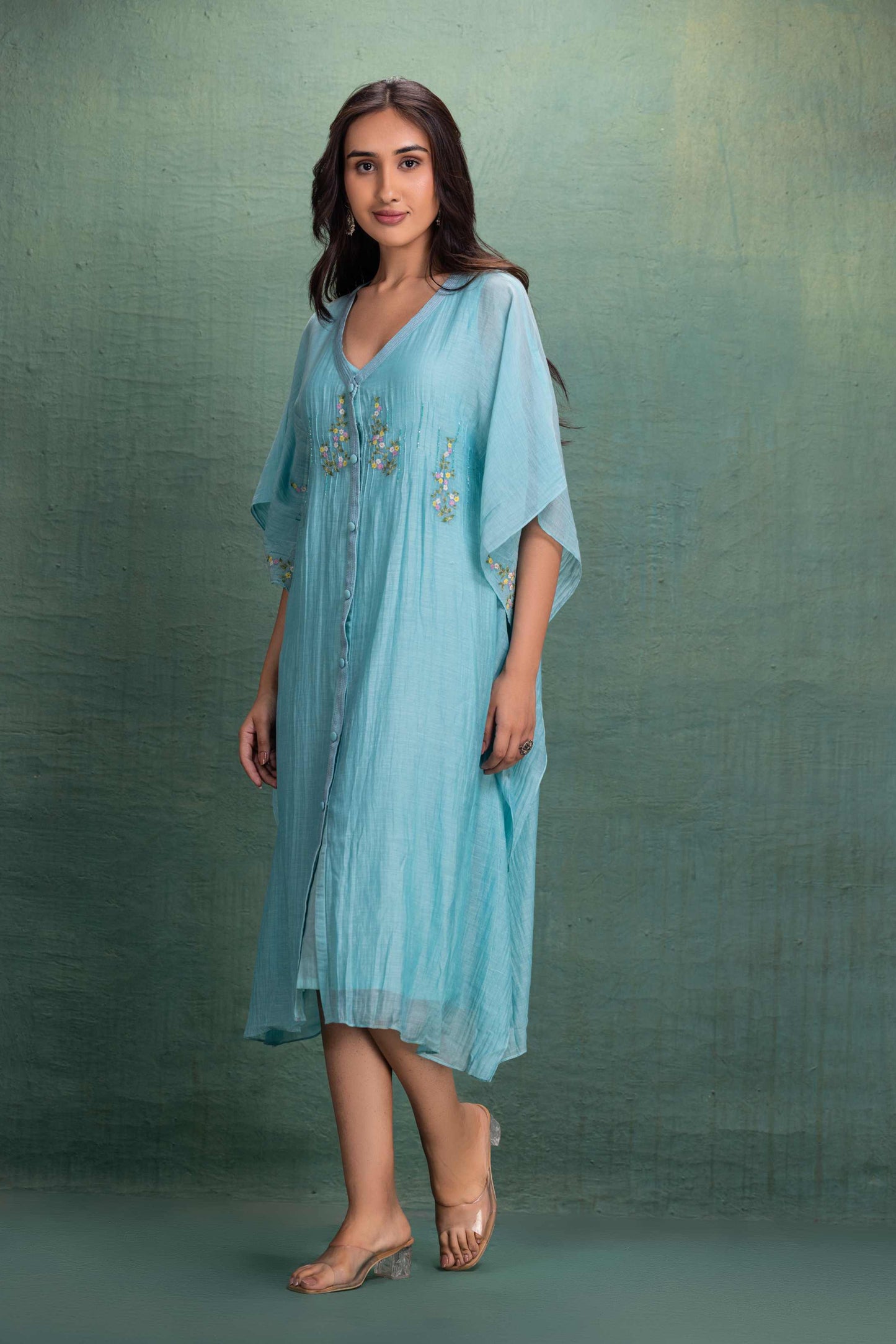 Blue Kaftan Dress with Machine and Hand Embroidery