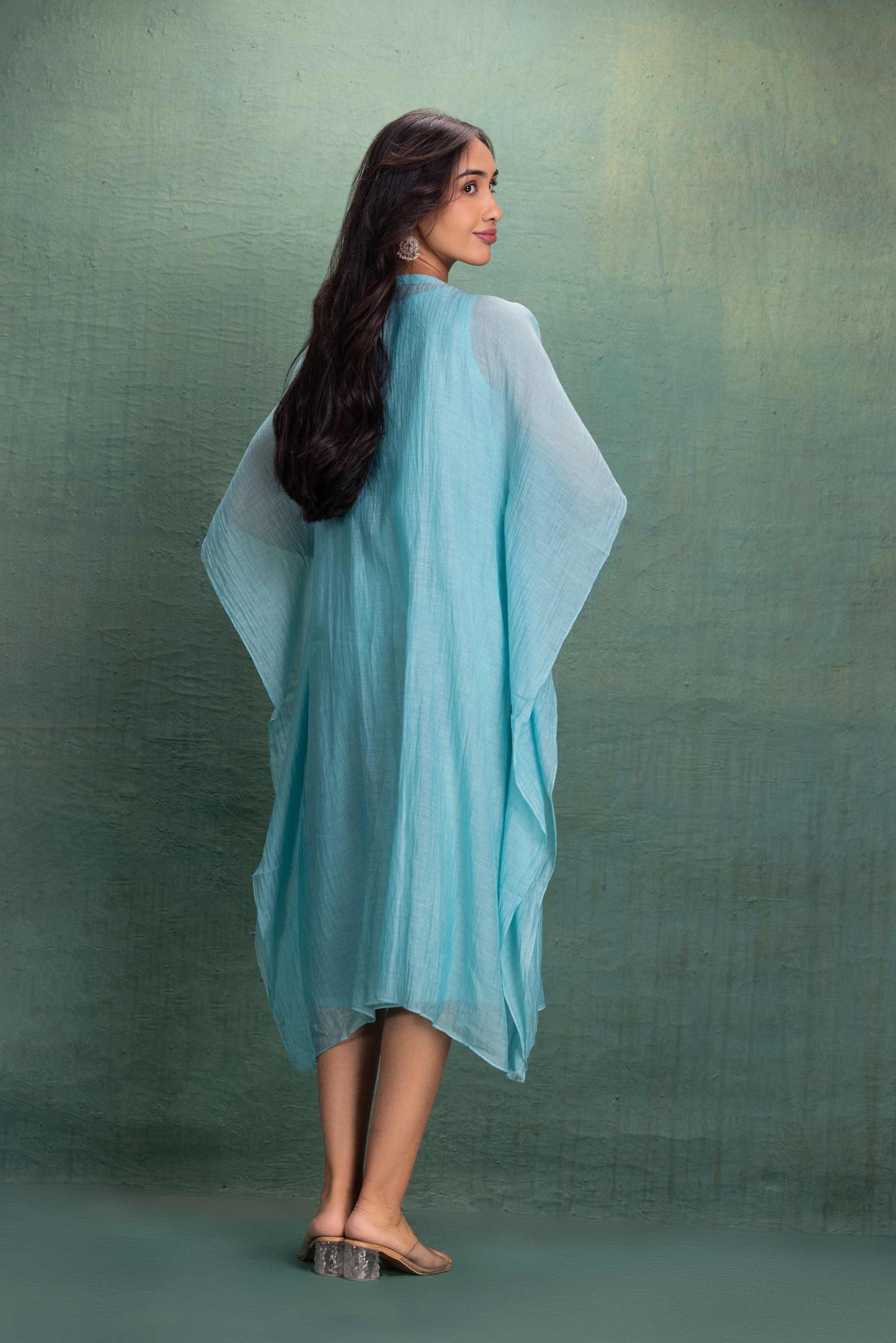 Blue Kaftan Dress with Machine and Hand Embroidery