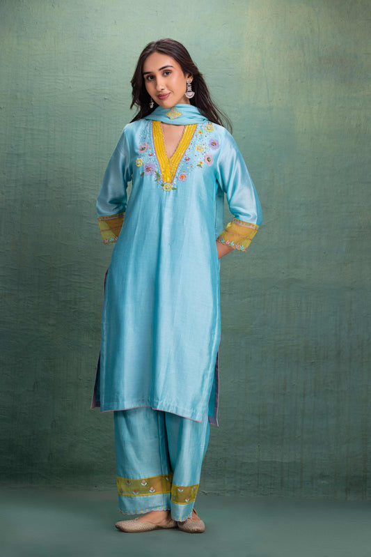 BLUE  HAND AND MACHINE EMBROIDERY SUIT with Beautiful Dupatta