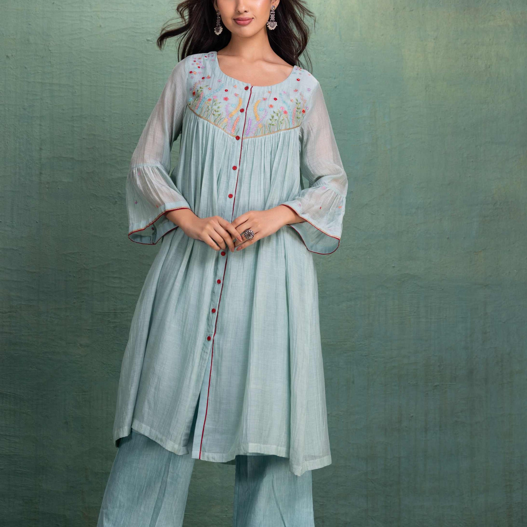 Blue Embroidery Yoke Cord Set