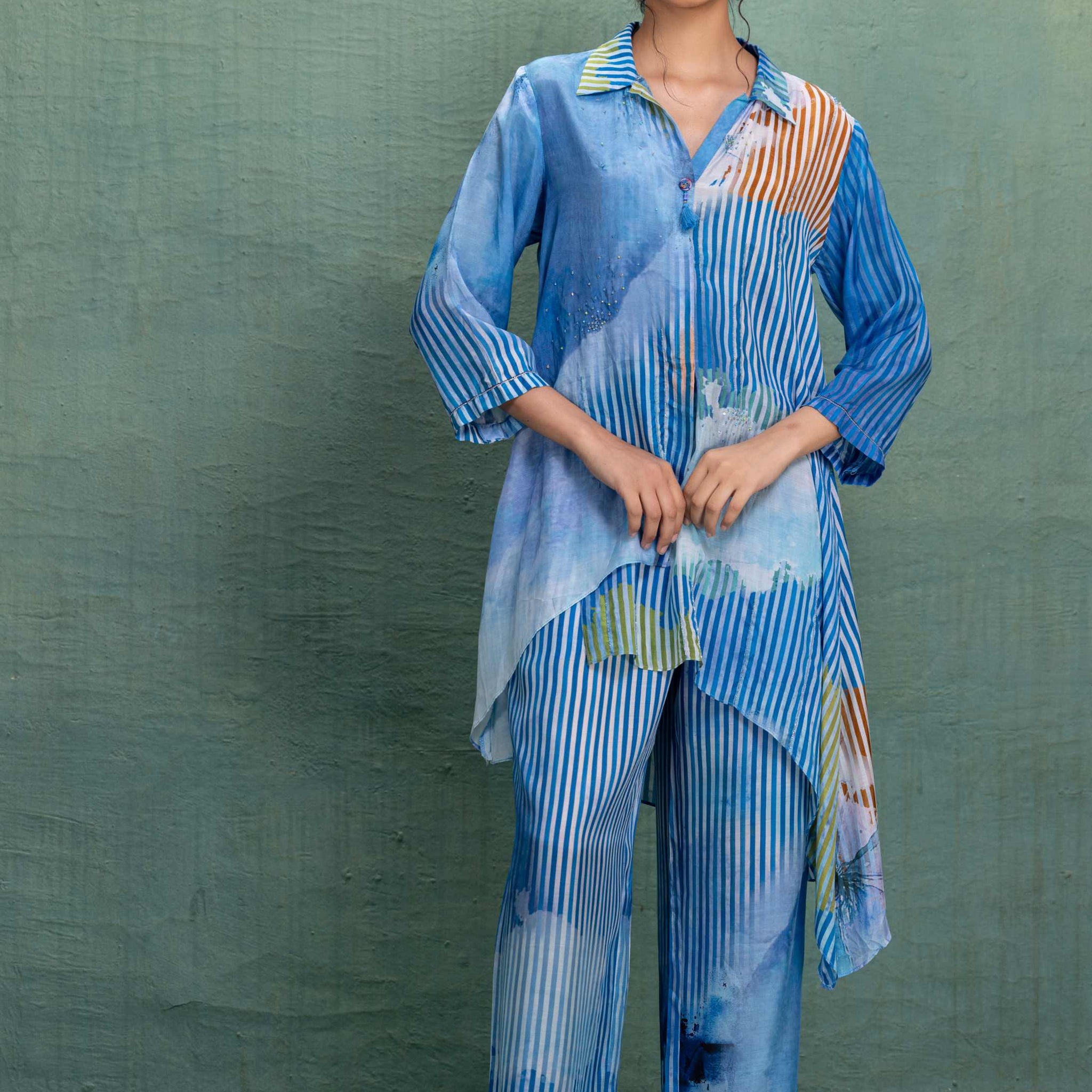 Blue Digital Print Asymmetrical Cord Set with Fine Line Detailing