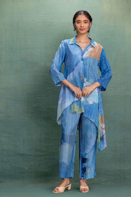 Blue Digital Print Asymmetrical Cord Set with Fine Line Detailing