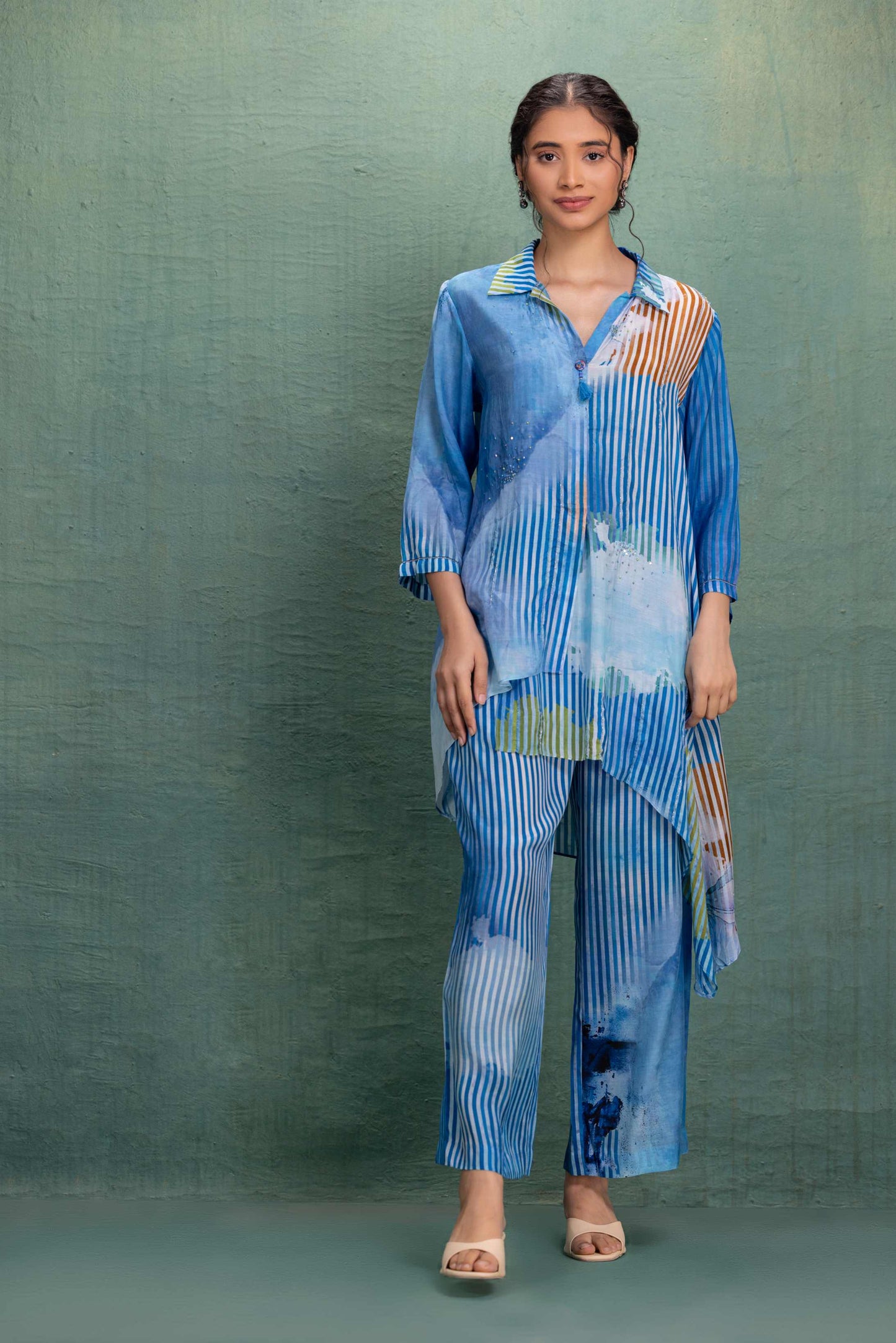 Blue Digital Print Asymmetrical Cord Set with Fine Line Detailing